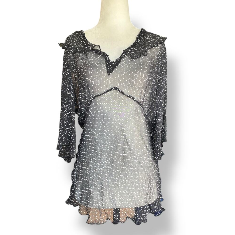 Vintage Blouse Black Sheer Silk Ruffle Top Polka Dot Lightweight Feminine Twee